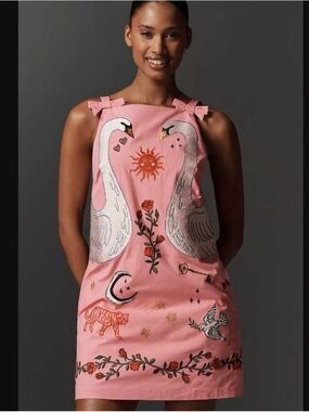 Anthropologie Pink Embroidered Swan Mini Dress